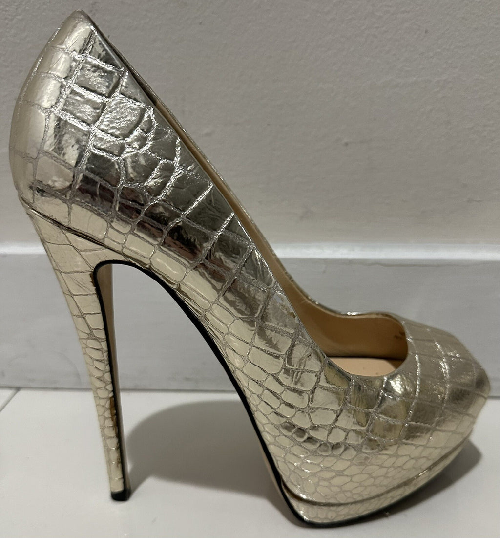 $995 GIUSEPPE ZANOTTI GOLD METALLIC PEEP TOE PLATFORM HEELS SZ 38 8