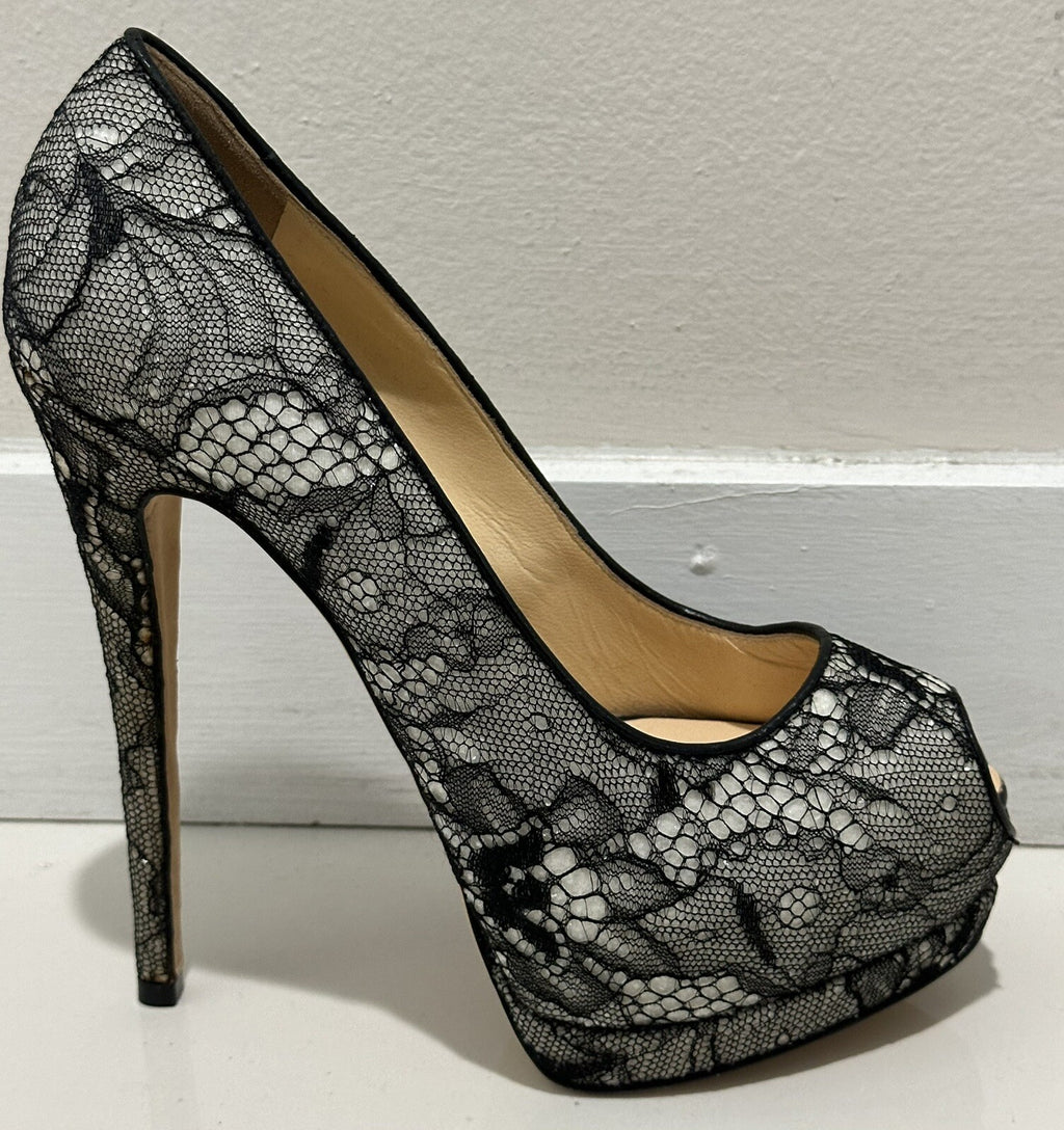$1150 GIUSEPPE ZANOTTI BLACK LACE PEEP TOE PLATFORM HEELS SZ 7 37