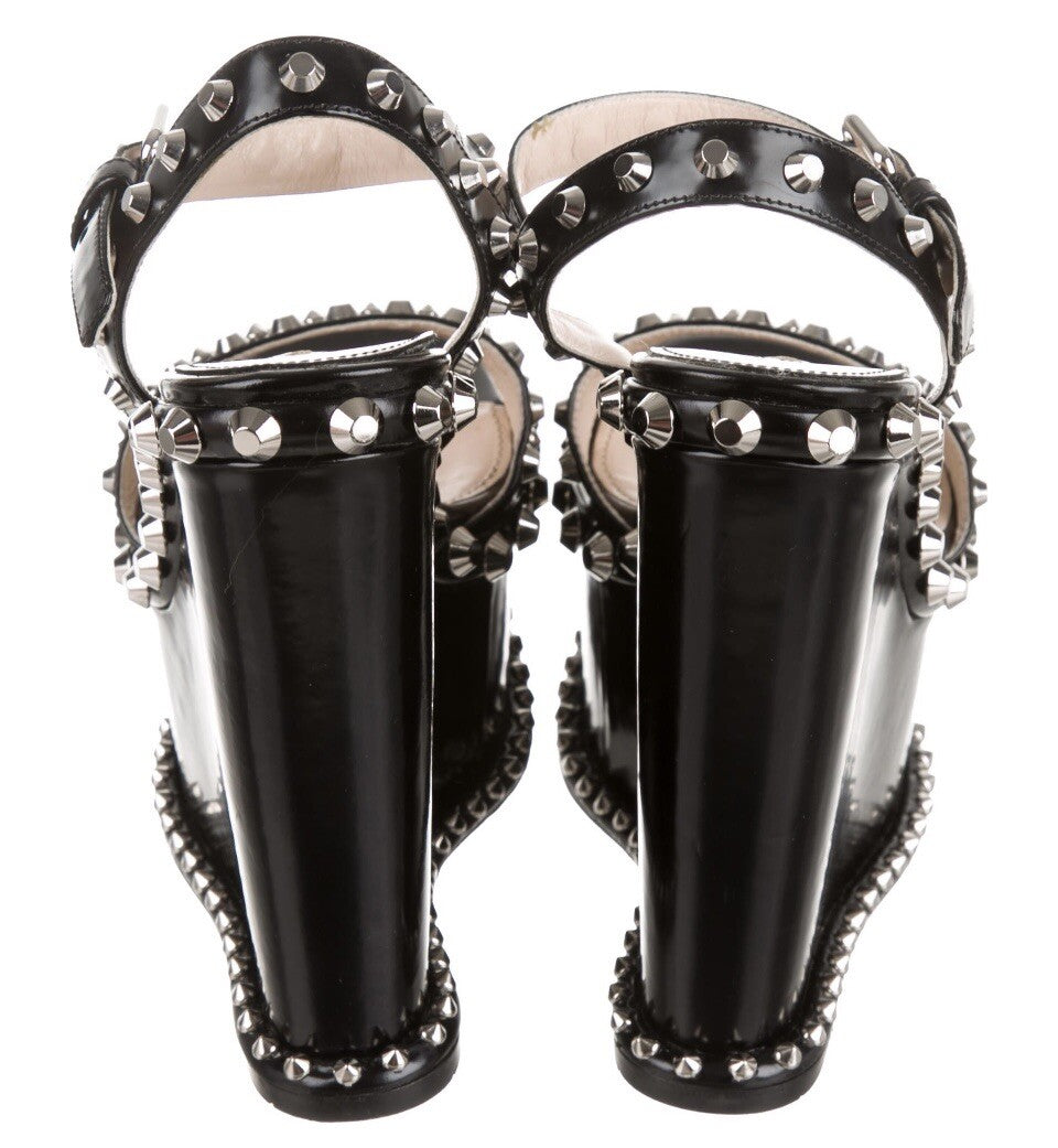 $1150 PRADA BLACK LEATHER STUDDED PLATFORM WEDGES SZ 5.5 35.5