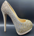$1095 GIUSEPPE ZANOTTI NUDE SUEDE GOLD SILVER STUDDED PLATFORM HEELS SZ 5 35