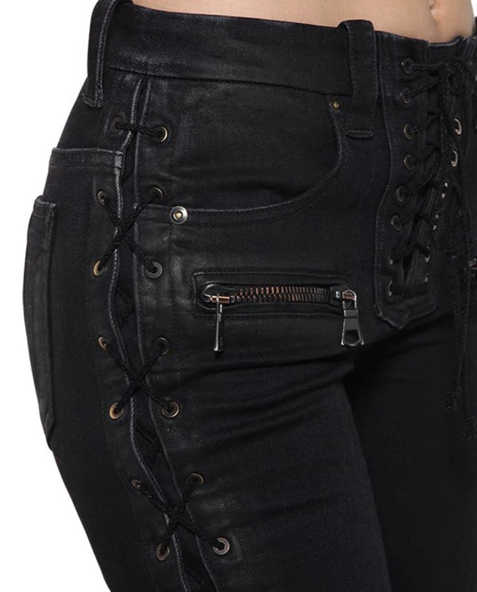 $1350 NWT BEN TAVERNITI UNRAVEL PROJECT BLACK LACE UP SKINNY JEANS SZ XS 24