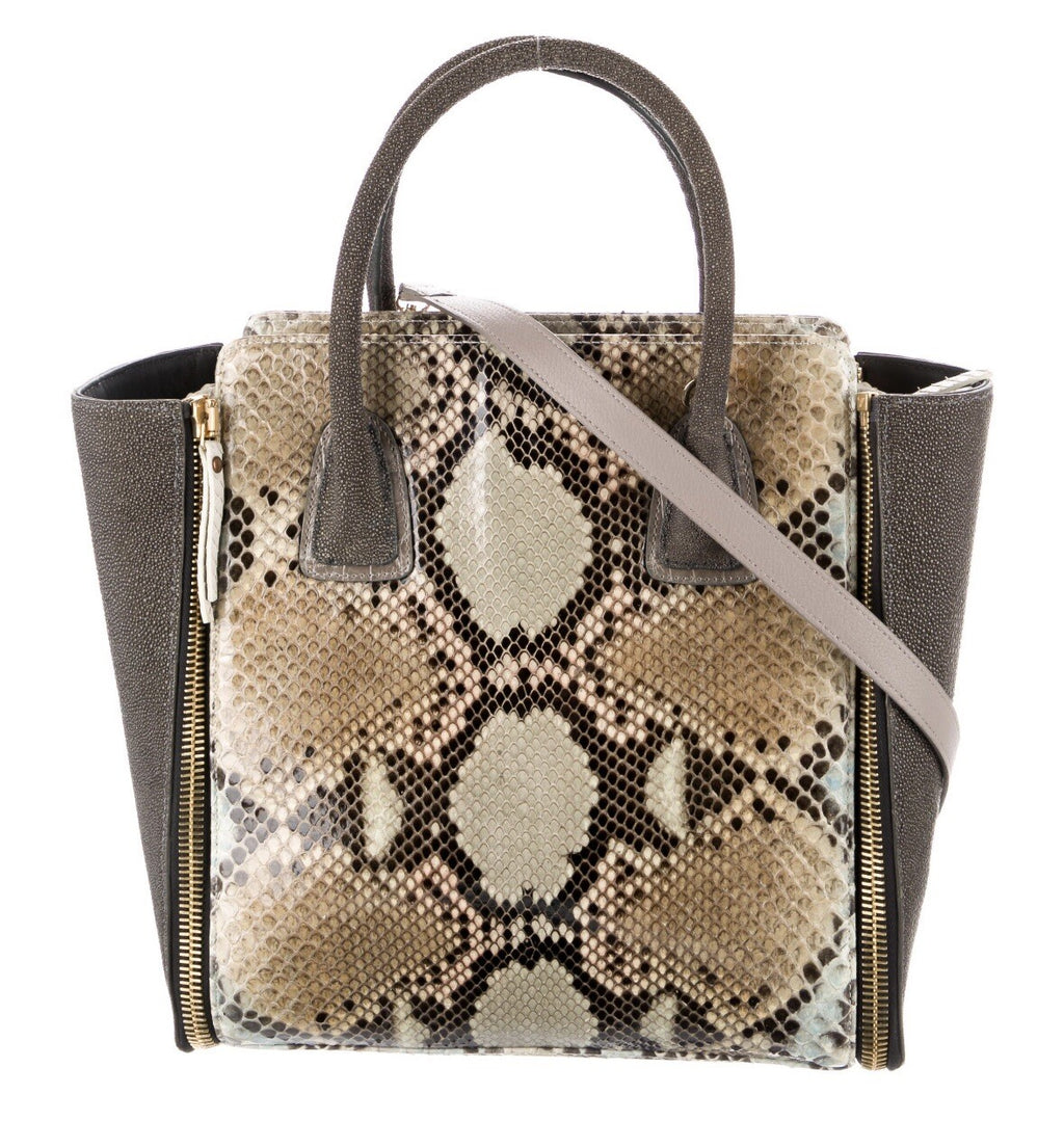 $2850 PAIGE GAMBLE PYTHON SNAKESKIN & STINGRAY TOTE BAG WITH SHOULDER STRAP