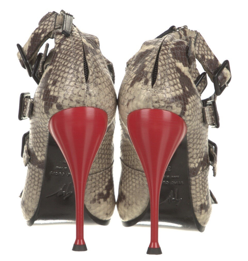 $995 GIUSEPPE ZANOTTI SNAKESKIN PRINT LEATHER BUCKLE HEELS SZ 7 37