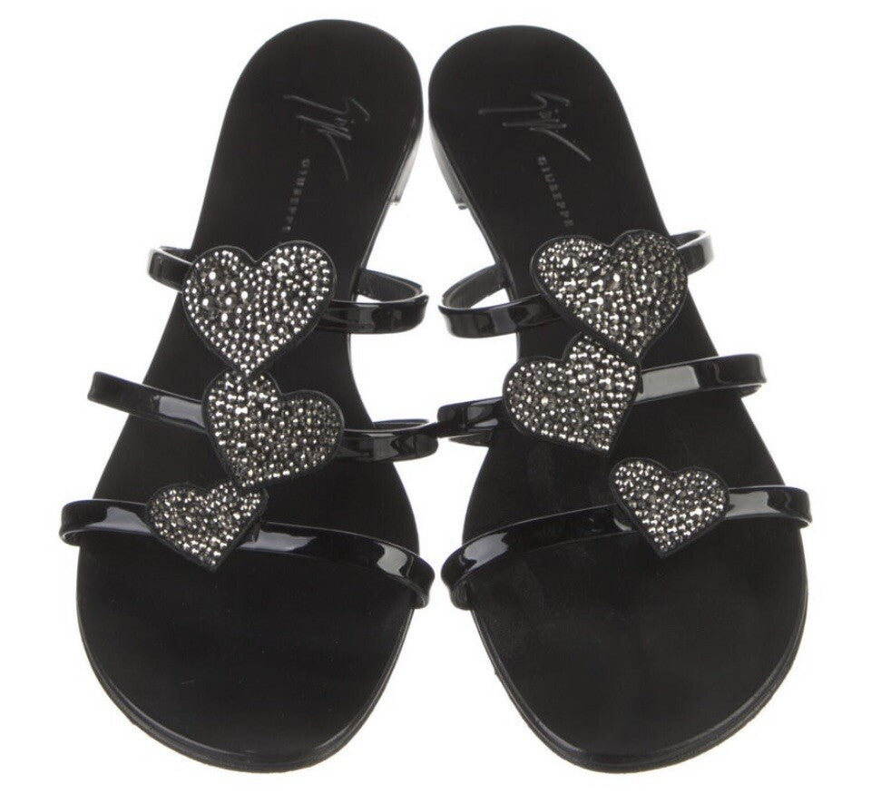 $750 GIUSEPPE ZANOTTI SWAROVSKI CRYSTAL HEART SANDALS SZ 7 37