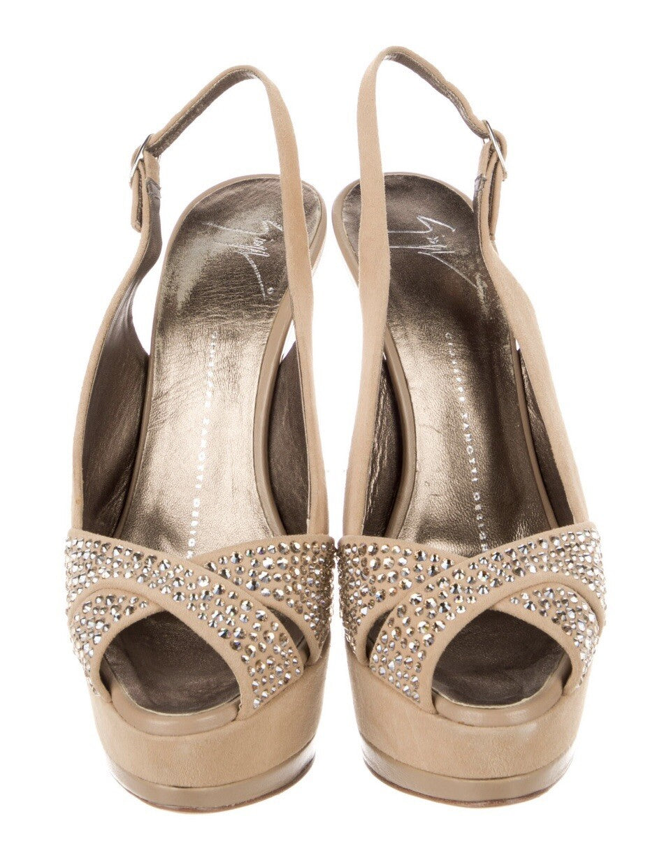 ❤️SALE❤️GIUSEPPE ZANOTTI NUDE SUEDE CRYSTAL EMBELLISHED  PLATFORM SANDALS 7 37