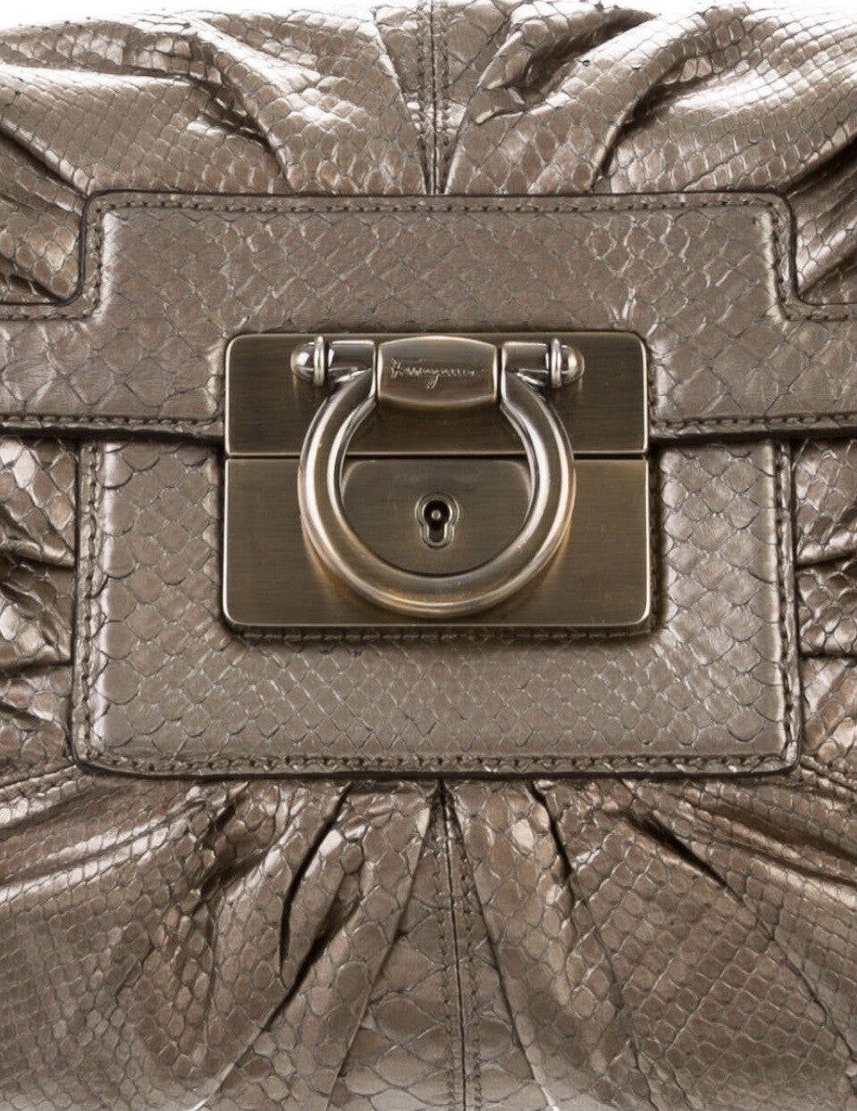 SALVATORE FERRAGAMO METALLIC TAUPE PYTHON SNAKEAKIN HANDLE BAG