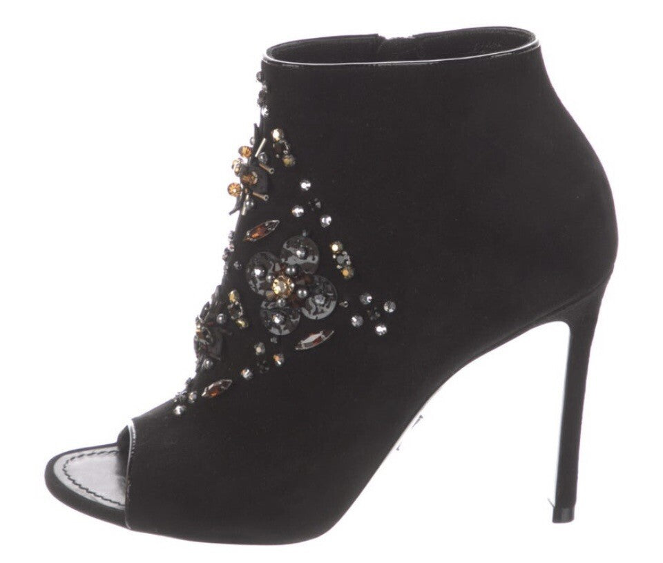 LOUIS VUITTON BLACK SUEDE CRYSTAL EMBELLISHED ANKLE BOOTS  SZ 6 36