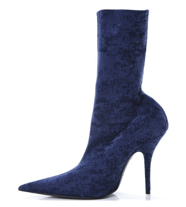 $1290 NIB BALENCIAGA BLUE VELVET MID CALF BOOTS SZ 6 36