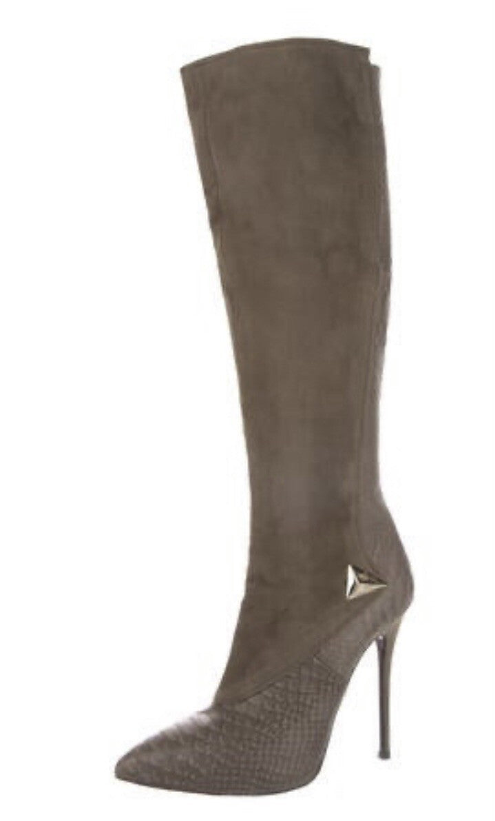 $1895 CESARE PACIOTTI PYTHON SNAKESKIN & SUDED KNEE HIGH BOOTS SZ 8.5 38.5