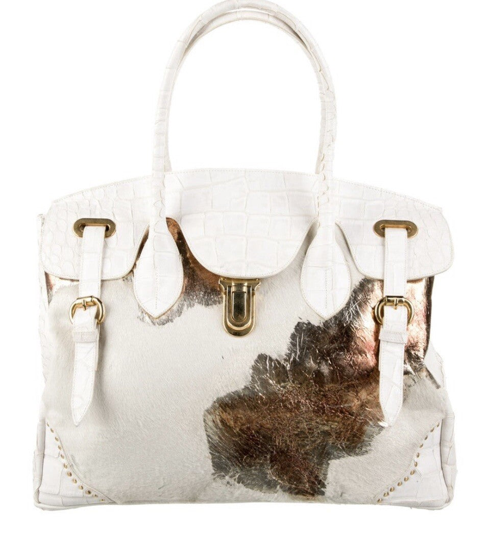 RETTA WOLFF WHITE PONYHAIR CROCODILE TRIMMED HANDLE BAG
