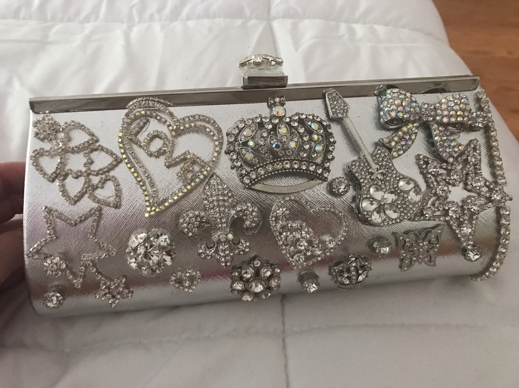 ONE OF A KIND NEW SILVER WOMENS CLUTCH W/ SWAROVSKI CRYSTAL- VERY UNIQUE!!!