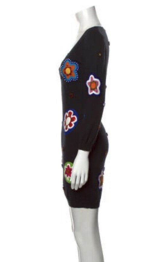 $1150 MOSCHINO COUTURE BLACK WOOL FLOWER APPLIQUE DRESS SZ M US8 IT42