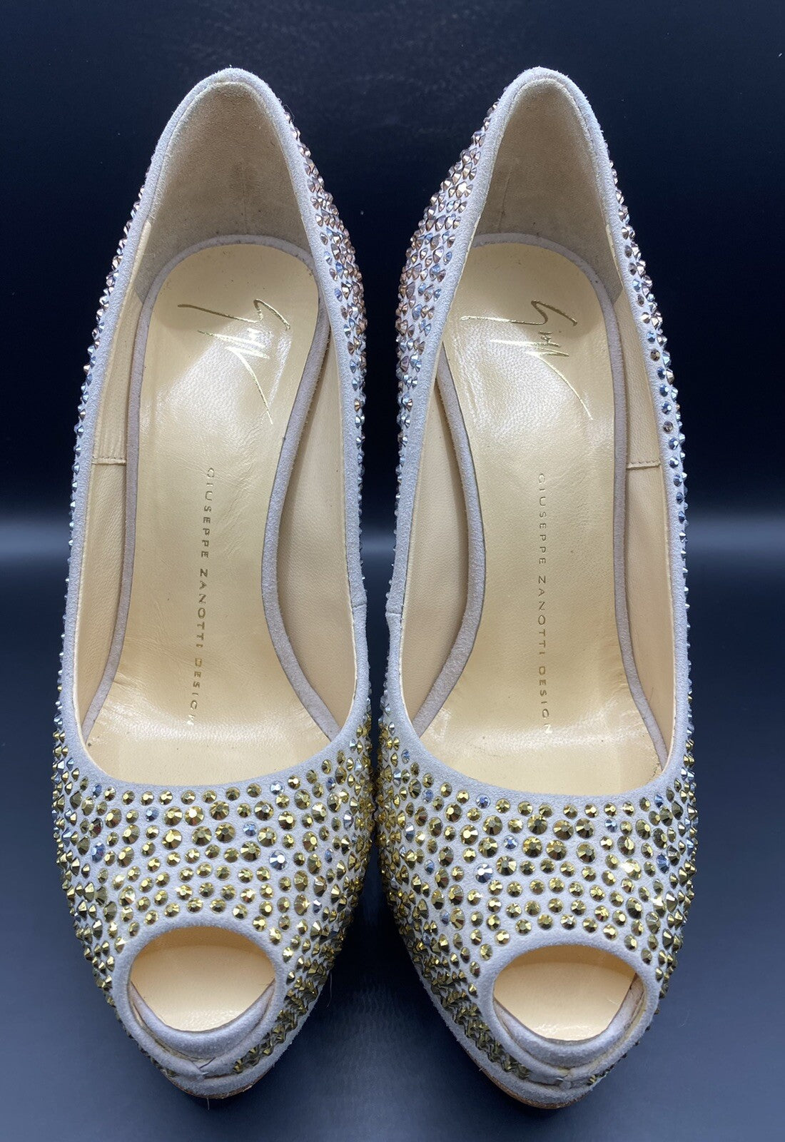 $1095 GIUSEPPE ZANOTTI NUDE SUEDE GOLD SILVER STUDDED PLATFORM HEELS SZ 5 35
