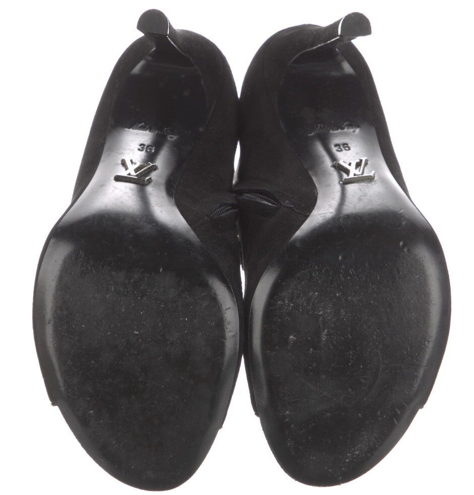LOUIS VUITTON BLACK SUEDE CRYSTAL EMBELLISHED ANKLE BOOTS  SZ 6 36