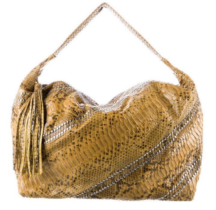 CARLOS FALCHI XL LARGE PYTHON SNAKESKIN STUDDED HOBO BAG