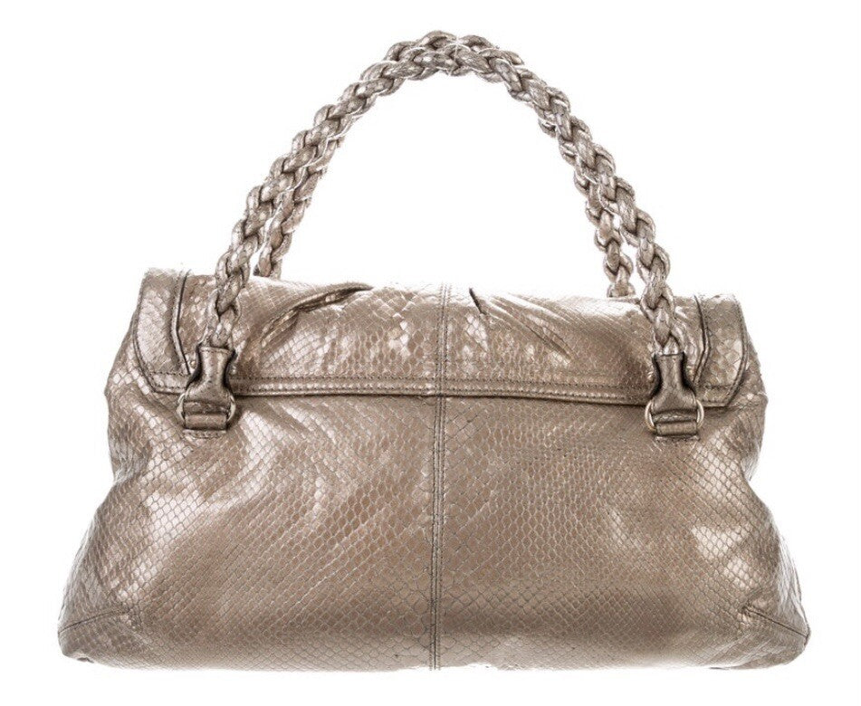 SALVATORE FERRAGAMO METALLIC TAUPE PYTHON SNAKEAKIN HANDLE BAG