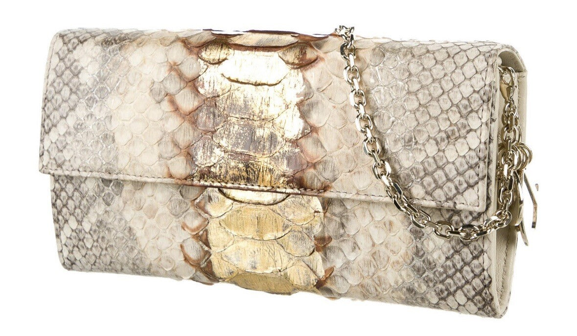 CHRISTIAN DIOR METALLIC PYTHON SNAKESKIN LOGO CHARM WALLET ON A CHAIN