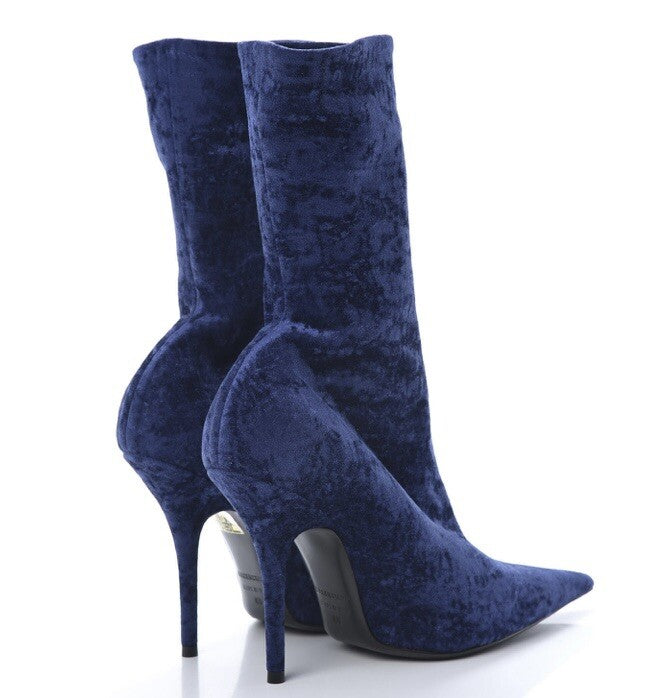 $1290 NIB BALENCIAGA BLUE VELVET MID CALF BOOTS SZ 6 36