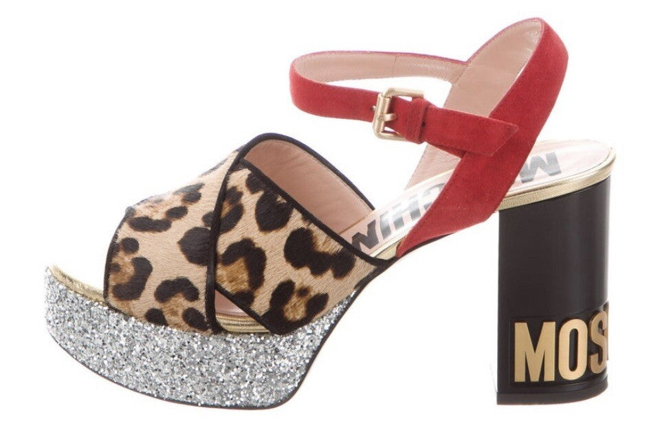 $850 MOSCHINO LEOPARD PRINT PONYHAIR GLITTER LOGO SANDALS SZ 6 36