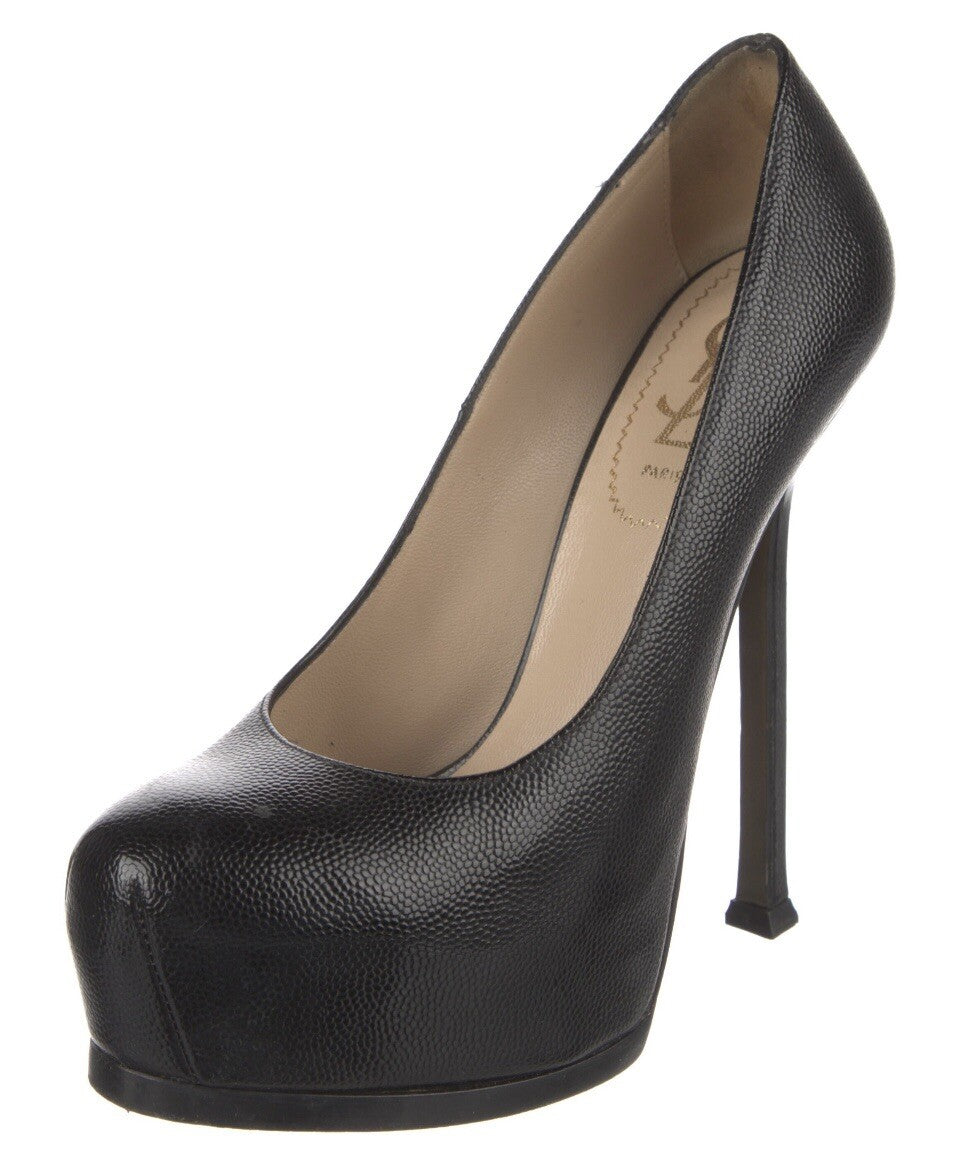 $895 YVES SAINT LAURENT RIVE GAUCHE BLACK LEATHER PLATFORM HEELS SZ 7 37