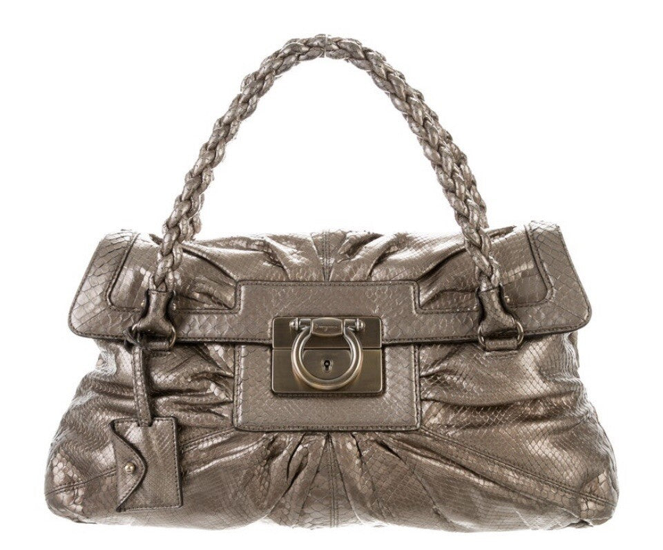 SALVATORE FERRAGAMO METALLIC TAUPE PYTHON SNAKEAKIN HANDLE BAG