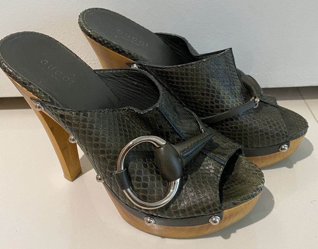 GUCCI GREEN PYTHON SNAKESKIN HORSEBIT WOODEN PLATFORM SANDALS SZ 36  6
