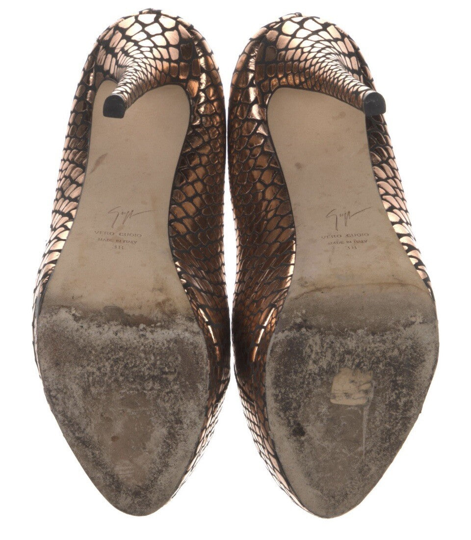 $995 GIUSEPPE ZANOTTI METALLIC LEATHER SNAKESKIN PRINT PEEP TOE  HEELS SZ 8 38