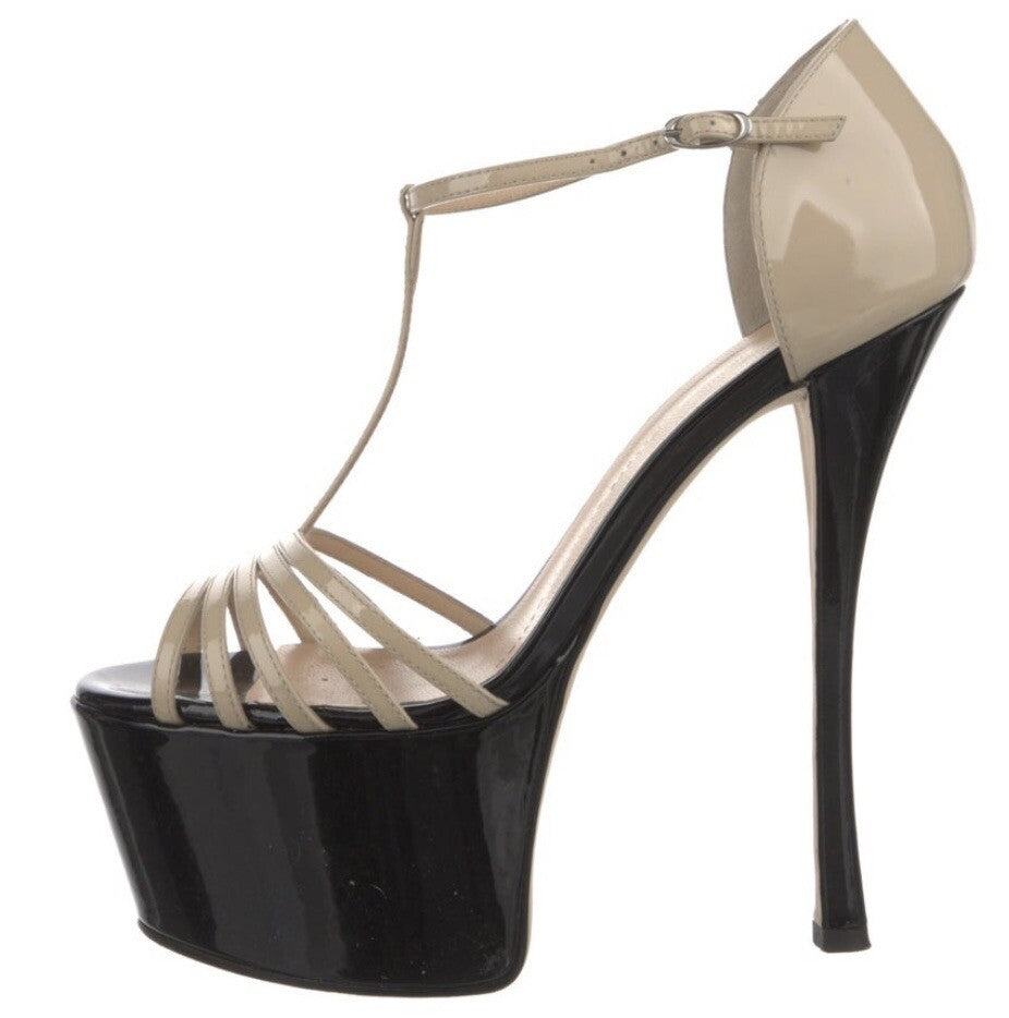 $995 GIUSEPPE ZANOTTI NEUTRAL PATENT LEATHER STRAPPY PLATFORM HEELS SZ 7.5 37.5