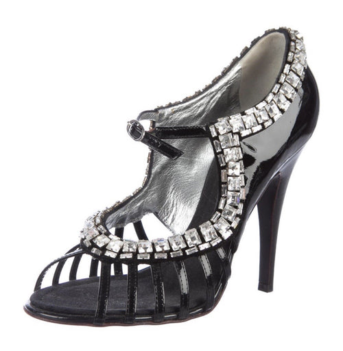 $1600 GIUSEPPE ZANOTTI CRYSTAL HEELS BLACK PATENT LEATHER SZ 9.5 39.5