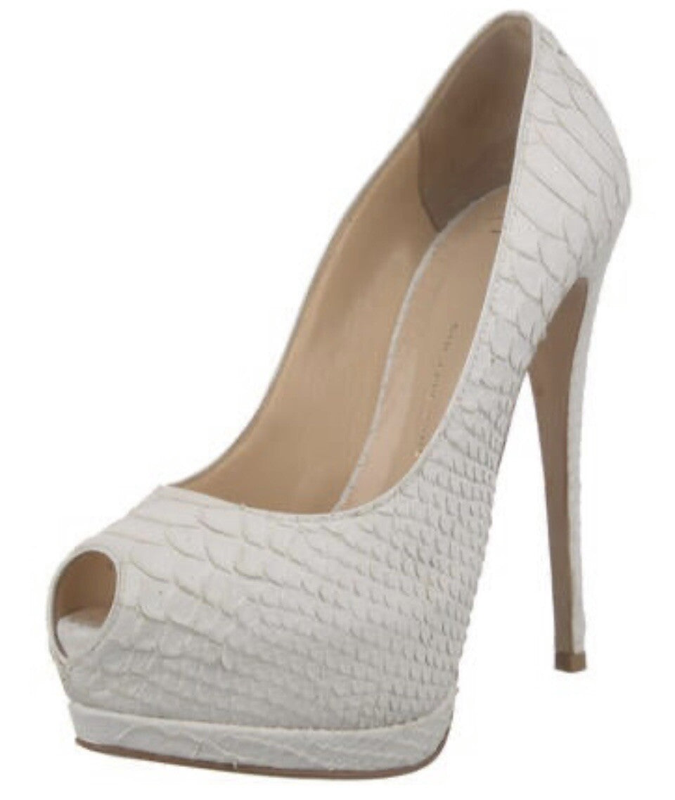 GIUSEPPE ZANOTTI WHITE PYTHON SNAKESKIN PEEP TOE HEELS SZ 6.5 36.5