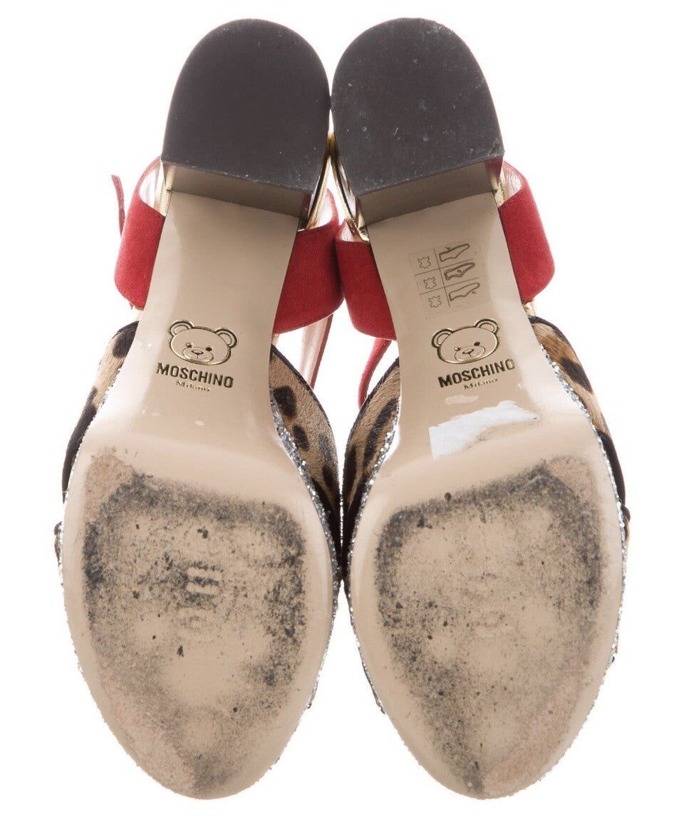 $850 MOSCHINO LEOPARD PRINT PONYHAIR GLITTER LOGO SANDALS SZ 6 36