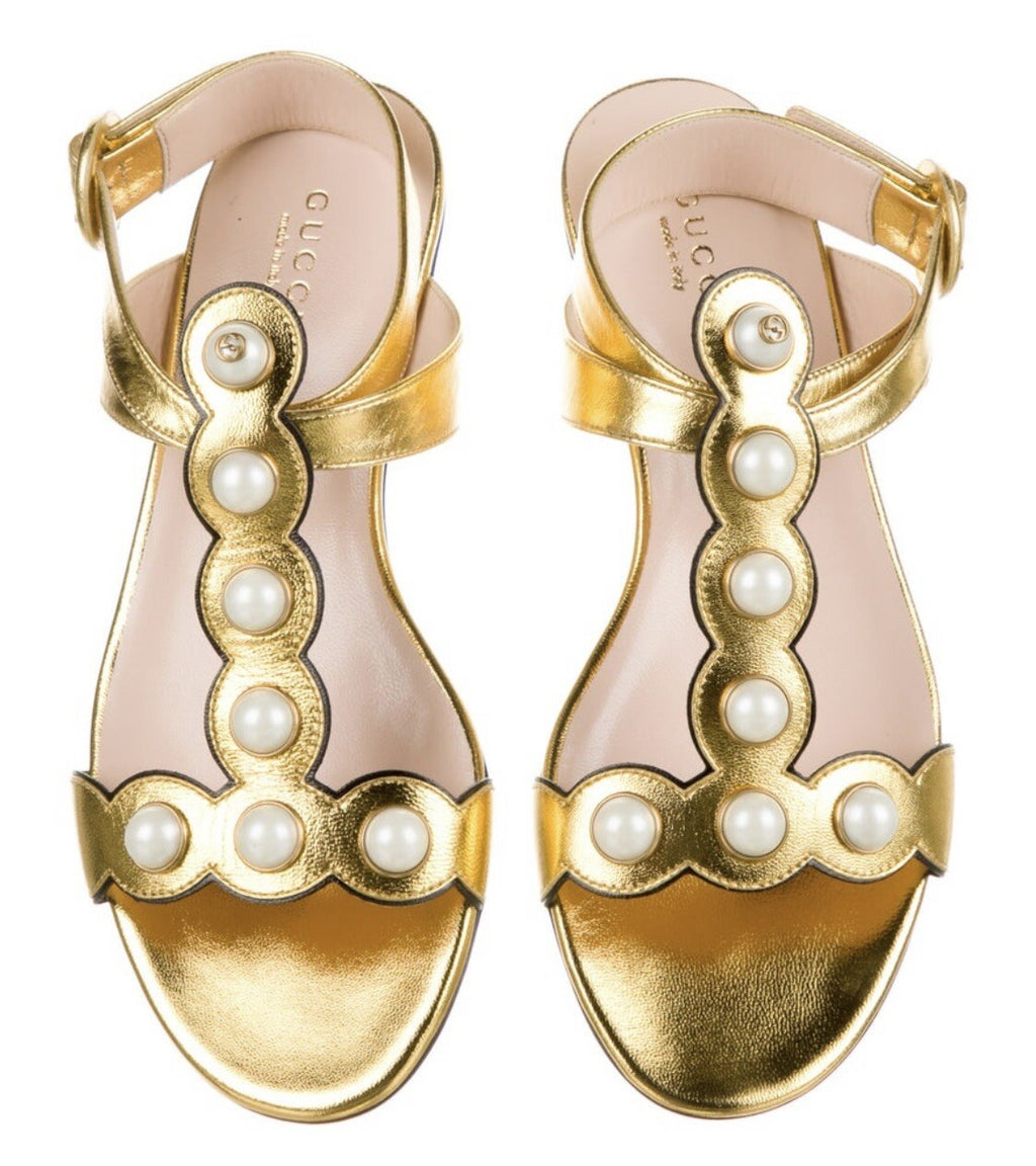 $995 NEW GUCCI GG LOGO METALLIC GOLD LEATHER FAUX PEARL SANDALS SZ 5.5 35.5