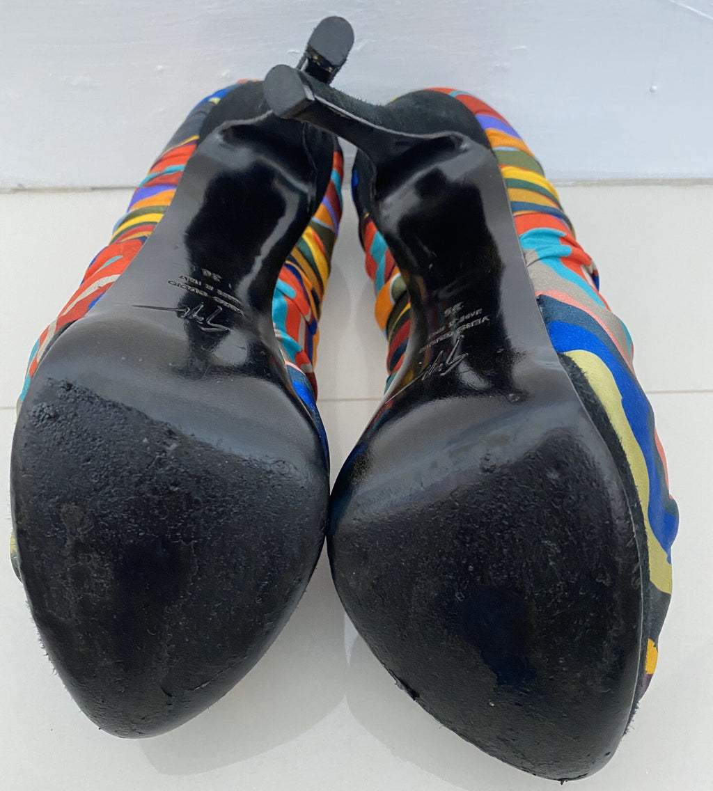 $895 GIUSEPPE ZANOTTI MULTI COLOR SATIN PRINTED PUMPS SZ 6