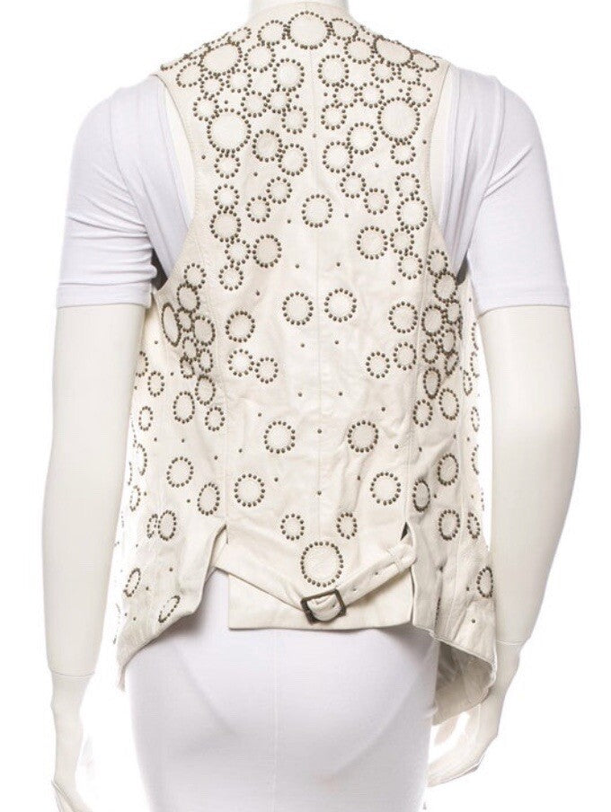 $1900 JUST CAVALLI OFF WHITE BRASS STUDDED LEATHER VEST SZ S 4
