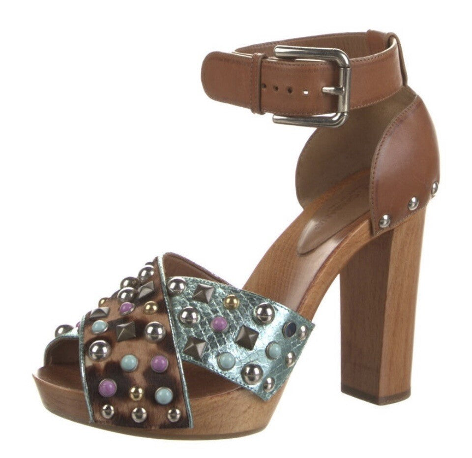 DOLCE & GABBANA LEAOOARD PRINT PONYHAIR STUDDED SANDALS SZ 6 36
