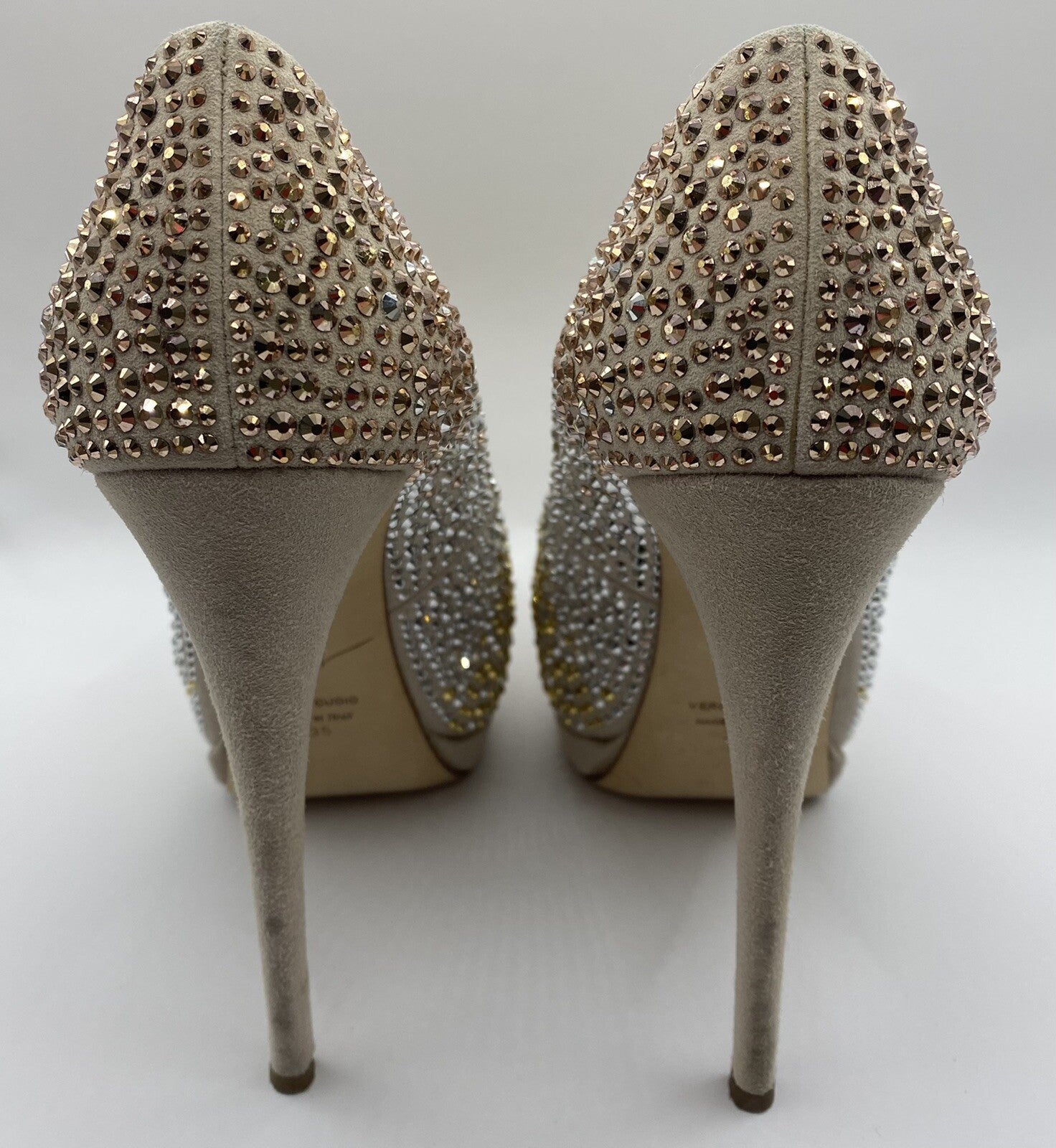 $1095 GIUSEPPE ZANOTTI NUDE SUEDE GOLD SILVER STUDDED PLATFORM HEELS SZ 5 35