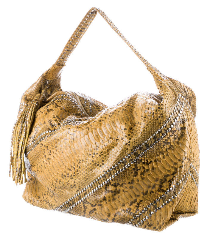 CARLOS FALCHI XL LARGE PYTHON SNAKESKIN STUDDED HOBO BAG
