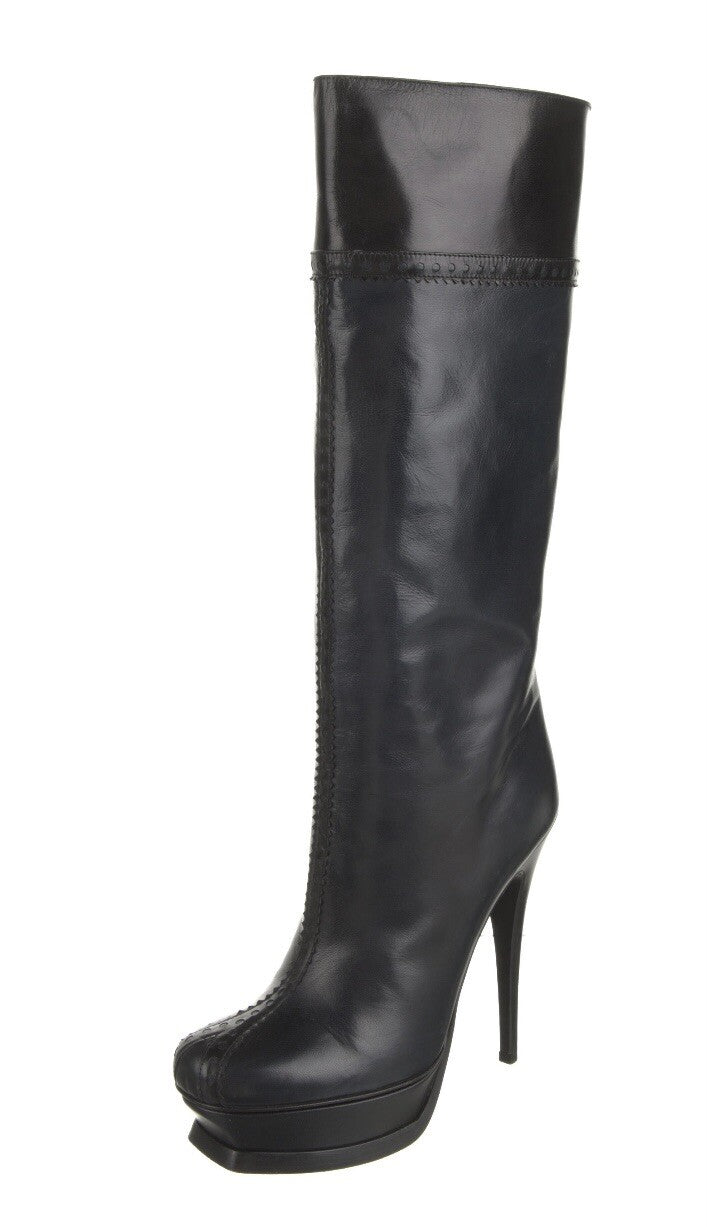 YVES SAINT LAURENT NAVY LEATHER PLATFORM BOOTS SZ 8.5 38.5