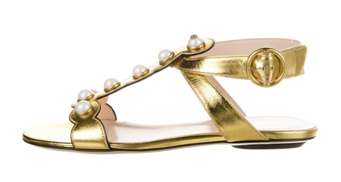 $995 NEW GUCCI GG LOGO METALLIC GOLD LEATHER FAUX PEARL SANDALS SZ 5.5 35.5