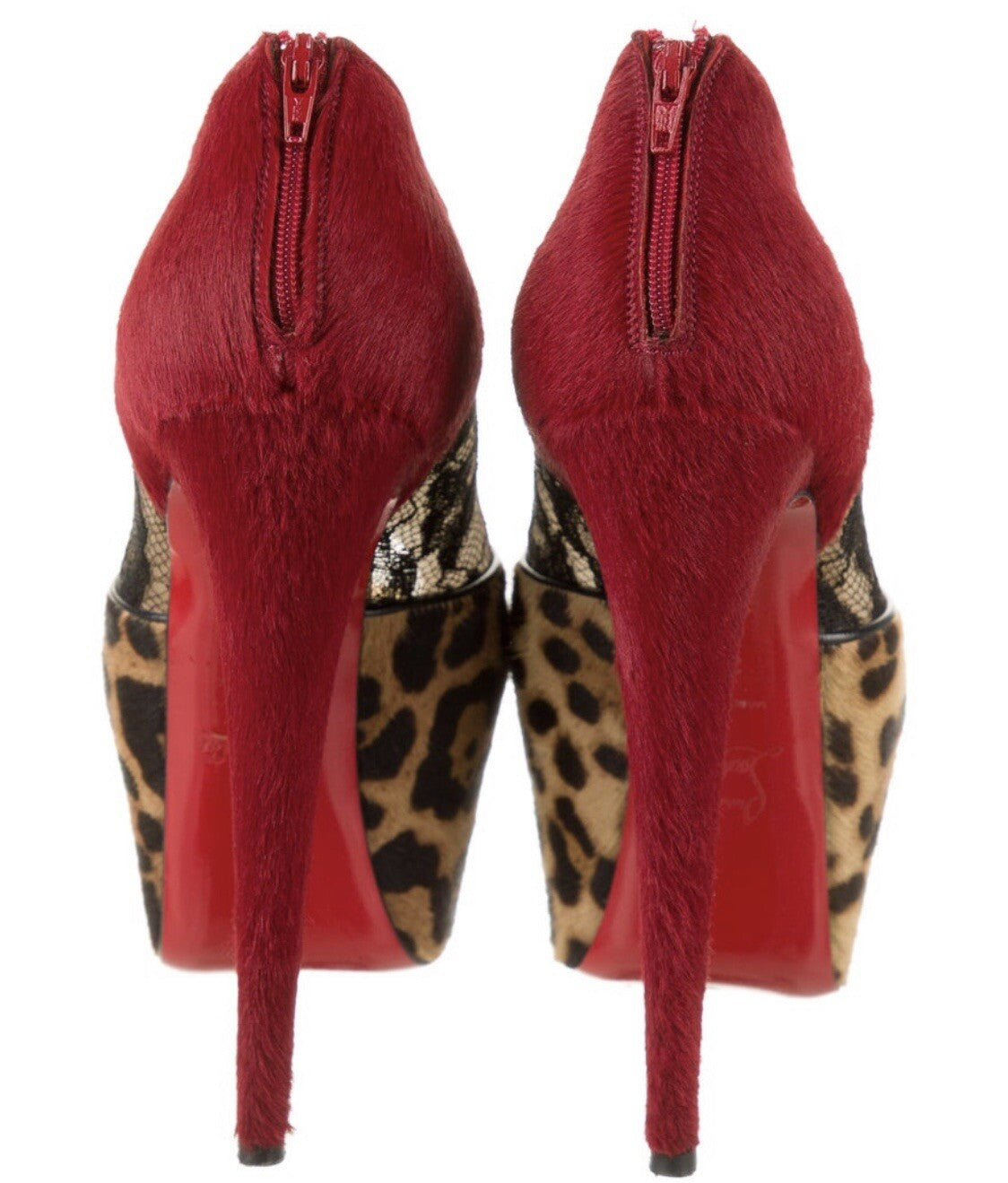 $2395 CHRISTIAN LOUBOUTIN LEOPARD PRINT PONYHAIR & LACE PLATFORM HEELS 8.5 38.5