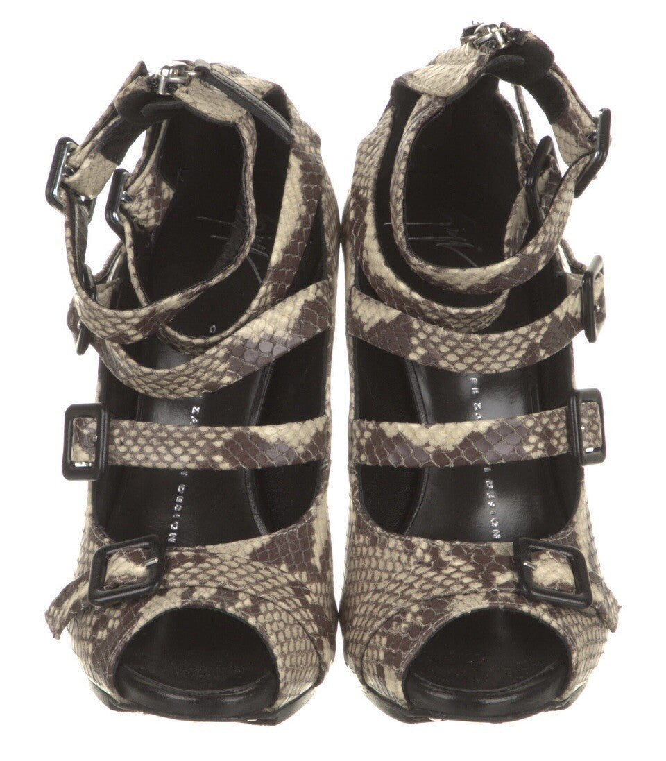 $995 GIUSEPPE ZANOTTI SNAKESKIN PRINT LEATHER BUCKLE HEELS SZ 7 37