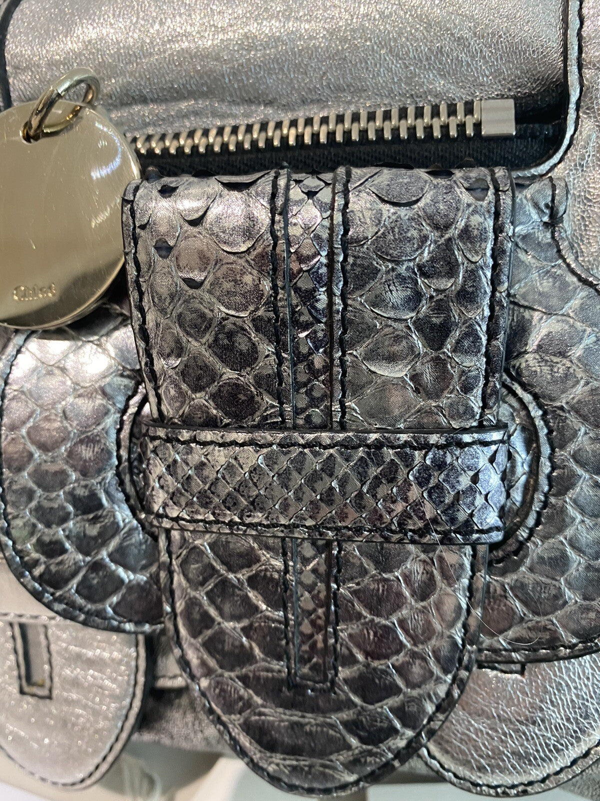$1500 CHLOE METALLIC SILVER PYTHON SNAKESKIN/ LEATHER SASKIA WRISTLET CLUTCH