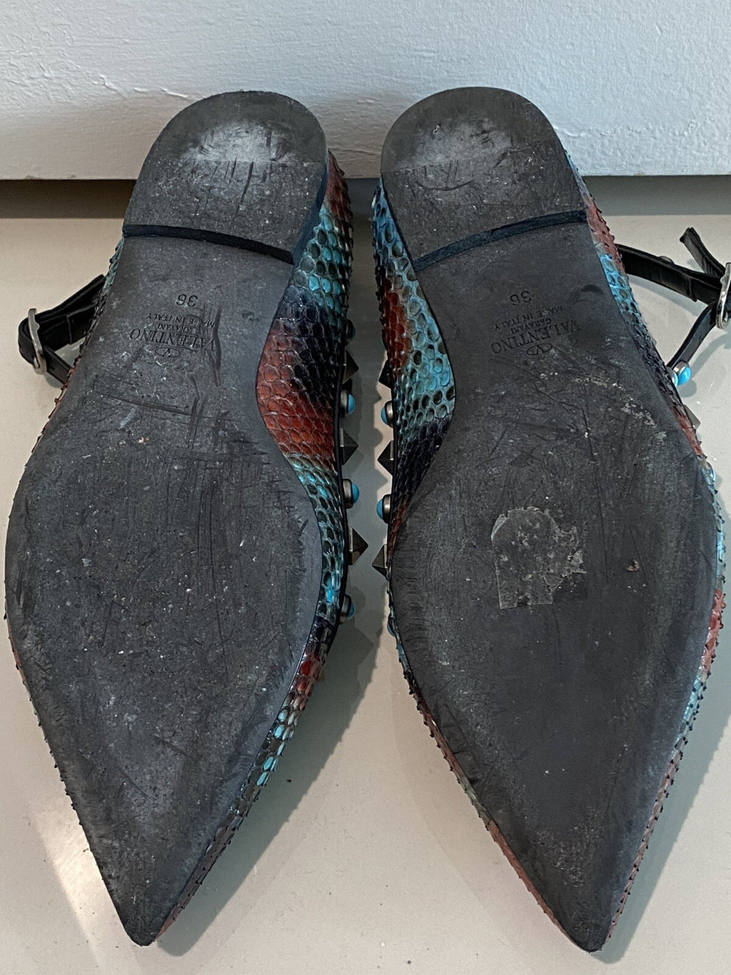 VALENTINO PYTHON SNAKESKIN & TURQUOISE ROCKSTUD BULLET FLATS SZ 6 36