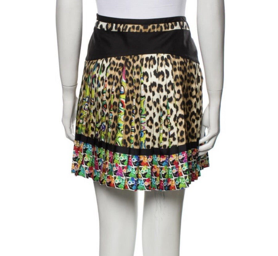 $1390 NWOT ROBERTO CAVALLI SILK LEOPARD PRINT PLEATED MINI SKIRT SZ S US4 IT40
