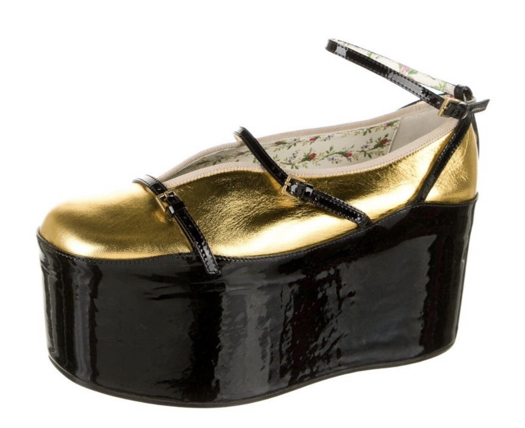 $1410 NIB GUCCI METALLIC GOLD LEATHER 2 IN 1 PLATFORM HEEL SANDALS  SZ 6.5 36.5