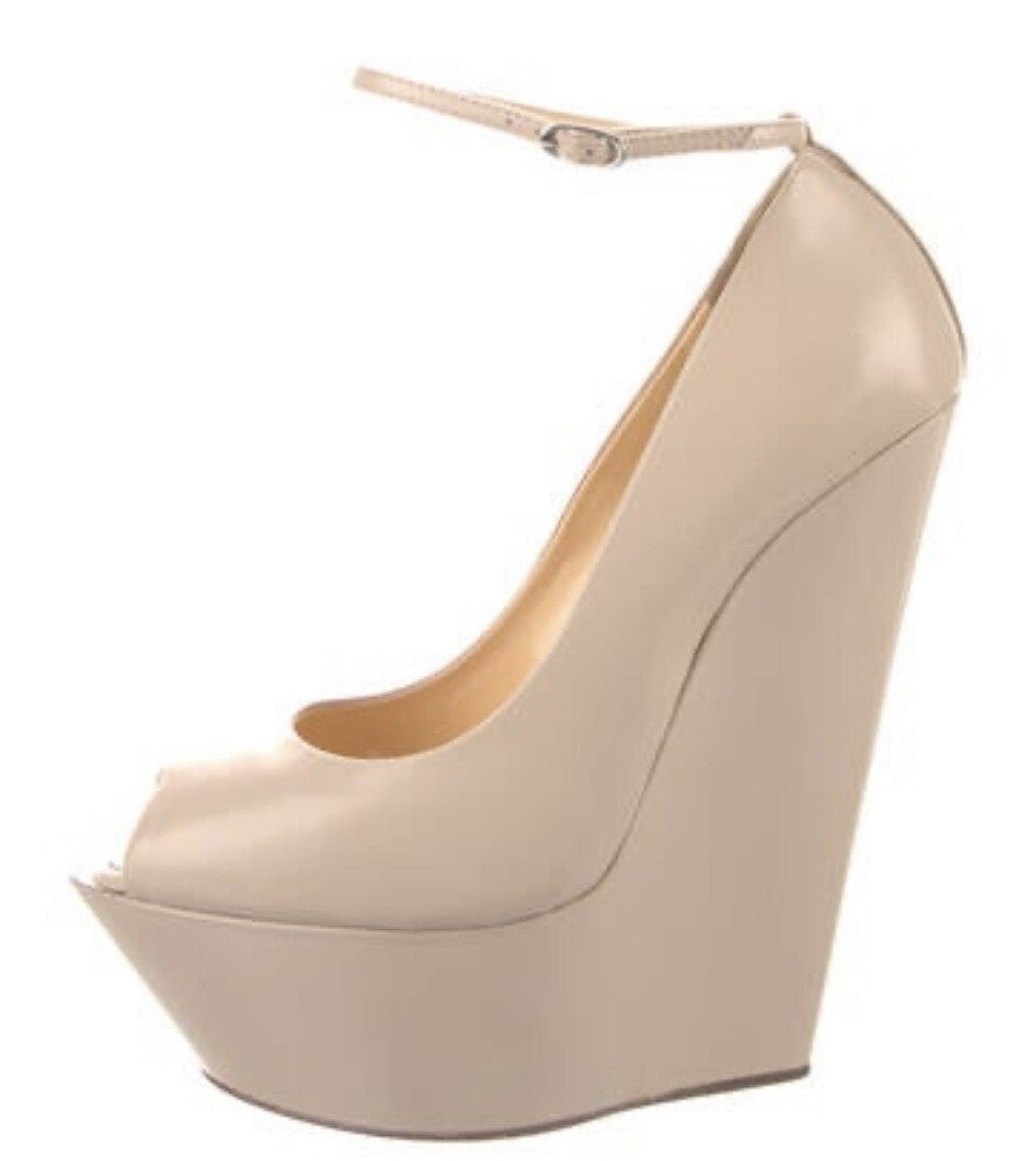 GIUSEPPE ZANOTTI NUDE LEATHER WEDGE HEELS SZ 9.5 39.5