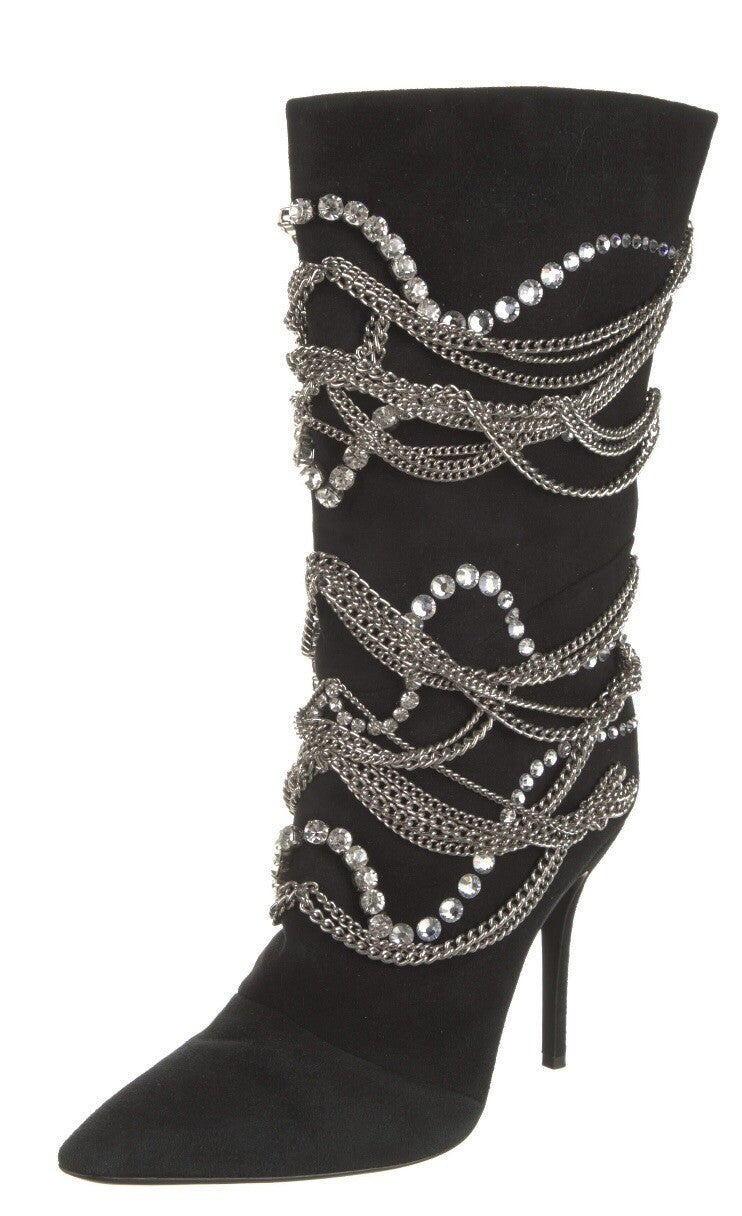$2450 GIUSEPPE ZANOTTI BOOTS BLACK SUEDE CRYSTAL & CHAIN EMBELLISHED SZ 9 39