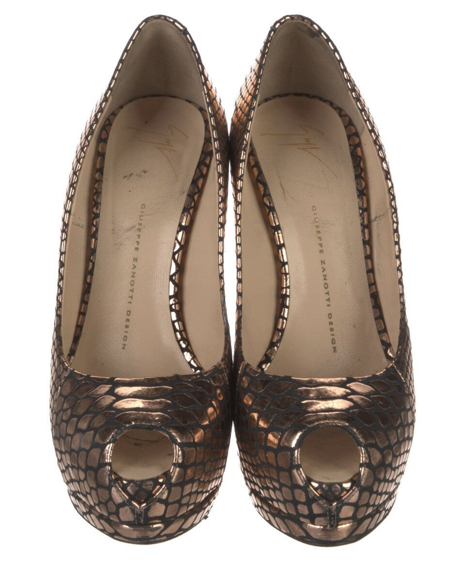 $995 GIUSEPPE ZANOTTI METALLIC LEATHER SNAKESKIN PRINT PEEP TOE  HEELS SZ 8 38