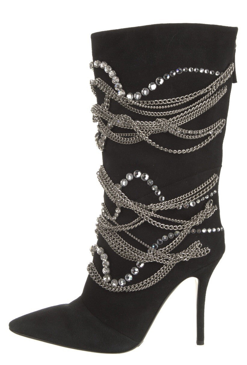 $2450 GIUSEPPE ZANOTTI BOOTS BLACK SUEDE CRYSTAL & CHAIN EMBELLISHED SZ 9 39