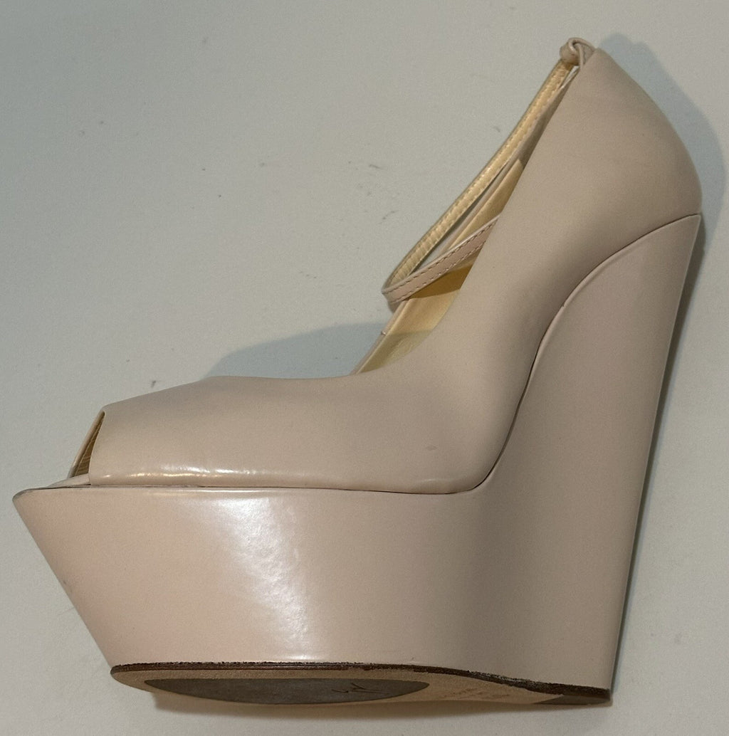 $1295 NEW GIUSEPPE ZANOTTI NUDE LEATHER PEEP TOE PLATFORM HEELS SZ 39.5 9.5 US